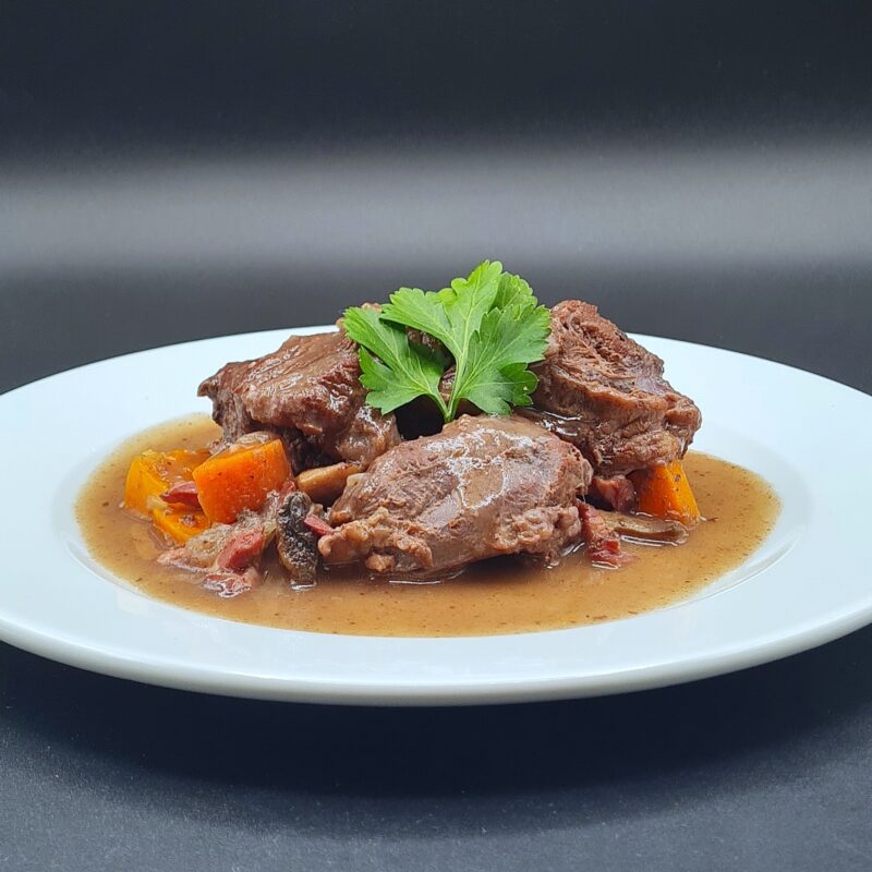 Joues de porc confites, sauce bière (locale) brune l’Ecopain