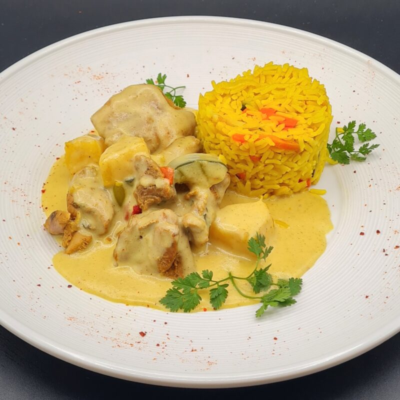 Sauté de dinde exotique et son riz aux petits légumes